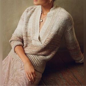 Anthropologie Cream and Tan V-Neck Sweater